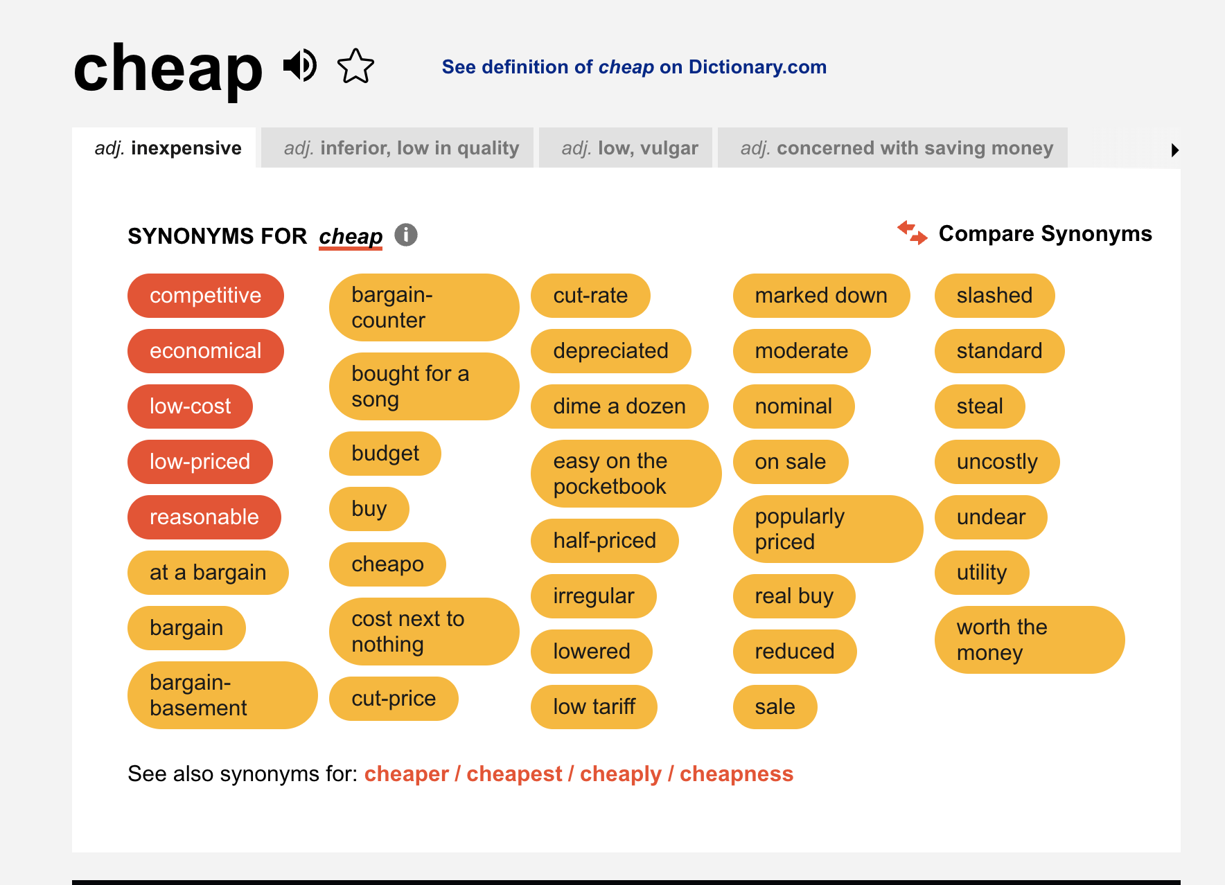 A search for the word Cheap on Thesaurus.com yields lots of great results