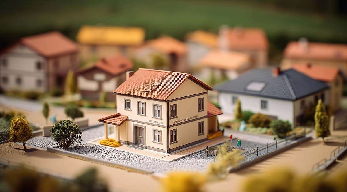 A tilt shift photo of a tiny model home to illustrate insurance in the house cleaning industry