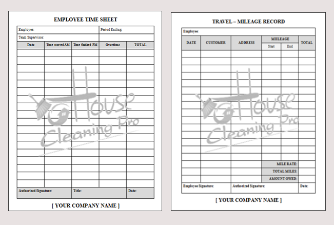 house cleaning time sheet and mileage business forms