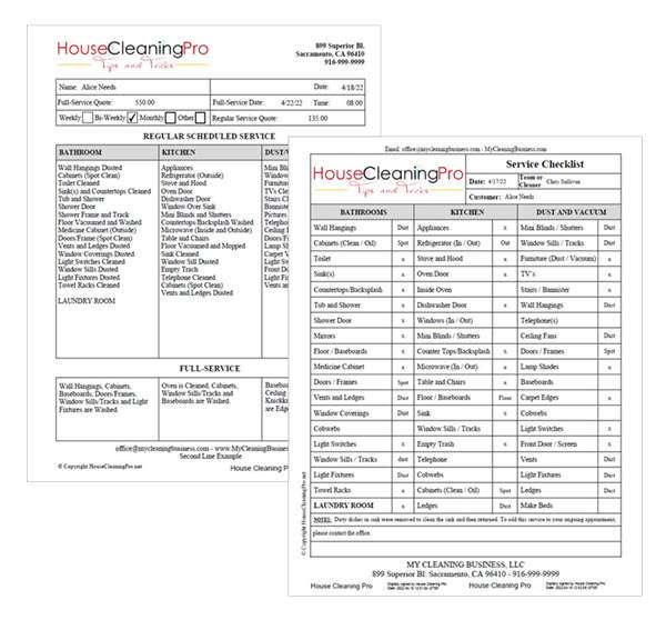 An image of two cleaning business forms - these are checklists done in a grid fashion so that cleaners can keep track of all the tasks they need to do in a given house