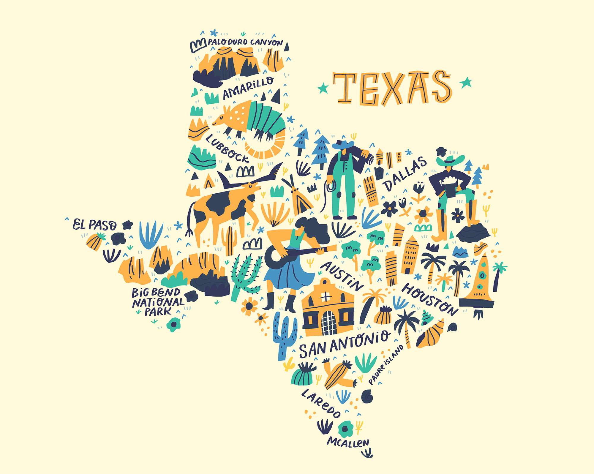 An illustration of the state of Texas, with major cities listed - municipalities all have slightly different business licensing and taxation rules - it's important to learn the rules as you're starting your cleaning company.