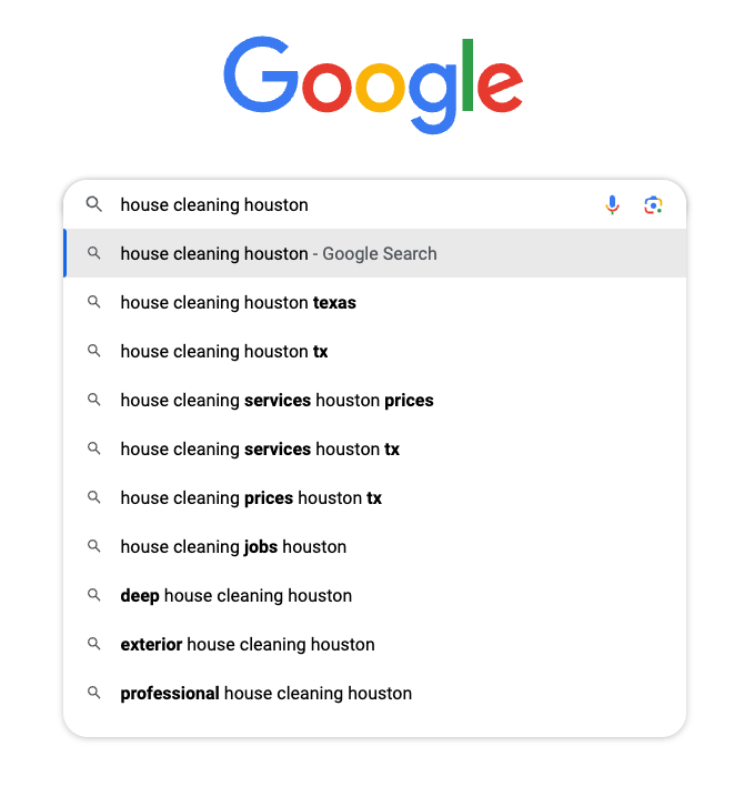 A google auto-complete search for house cleaners - a screenshot of the google homepage with a search for house cleaning houston