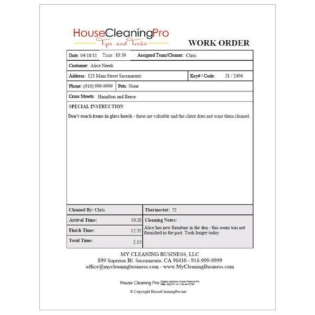 Work order form for house cleaning businesses