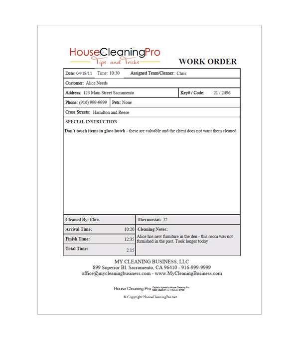 Work order form for house cleaning businesses